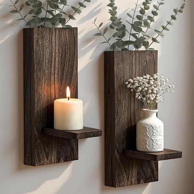 Wood Wall Decor Set of 2, Farmhouse Wall Planter for Small Spaces | wall vase and candle sconce in one, eucalyptus and dried flowers planter, solid wood, living room bathroom and entryway décor