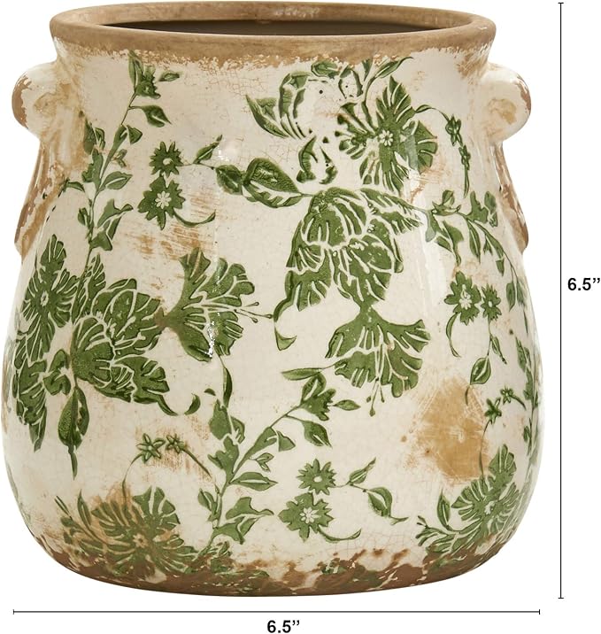 Nearly Natural 6.5 in Tuscan Ceramic Green Floral Scroll Decorative Vase | Quality Ceramic, Indoor Home Decor, Ideal for Centerpieces, Tables, Small Flower Vases