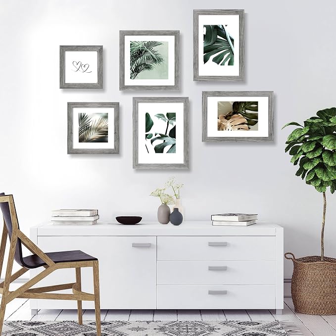 Hongkee 12x12 Picture Frame Set of 4 - Made of Glass and Grey Wooden Frame, Display Square Pictures 10x10 with Mat or 12 x 12 without Mat, Desktop & Wall Collage Photo Frame