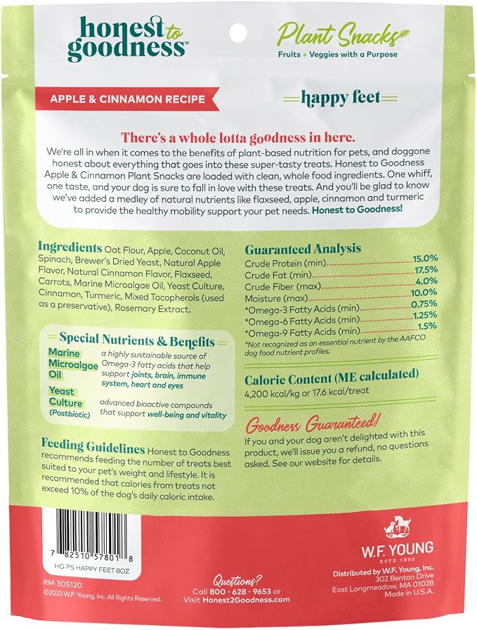 Honest to Goodness Plant Snacks Apple & Cinnamon Dog Treats, 8 oz | Crunchy, Plant-Based, Happy Feet Mobility Support, Enriched with Omega 3 Fatty Acids, Fortified with Postbiotics, USA Made