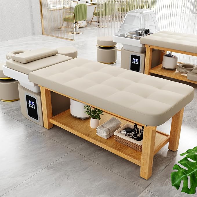Dolonm Head Spa Shampoo Bowl Stationary Massage Table Set with Water Cycle & Fumigation Salon Equipment for Beauty Head Spa Physical Therapy Massage Salons, PU Leather Beige Grey, Wood Frame