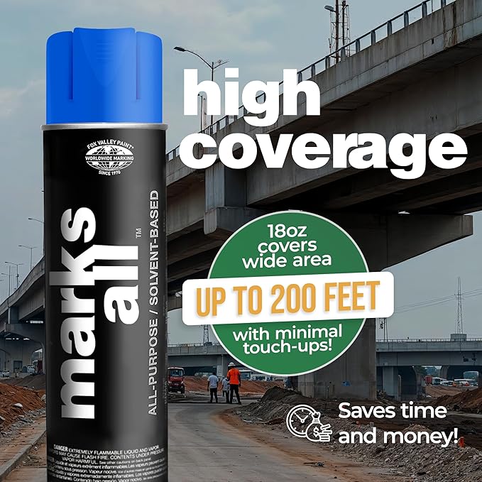 Fox Valley 18oz Marks All Solvent-Based Marking Paint Spray, 12-Pack Blue Fluorescent – Long-Lasting, Weather-Resistant Spray Paint for Wet or Dry Surfaces Like Metal, Grass, Concrete, Wood, & More