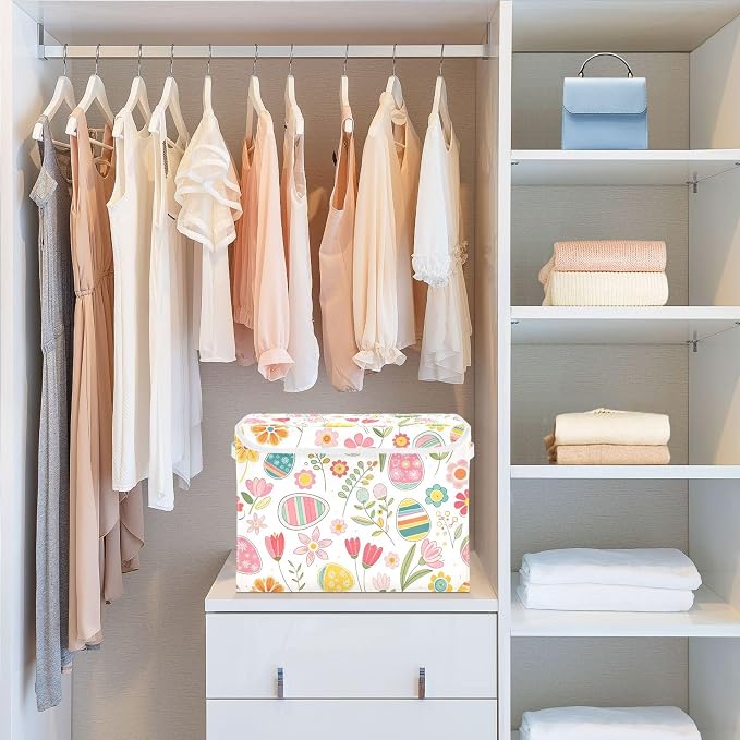 Easter Flower Eggs Storage Bins with Lids and Carrying Handle,Foldable Storage Boxes Organizer Containers Baskets Cube with Cover for Home Bedroom Closet Office