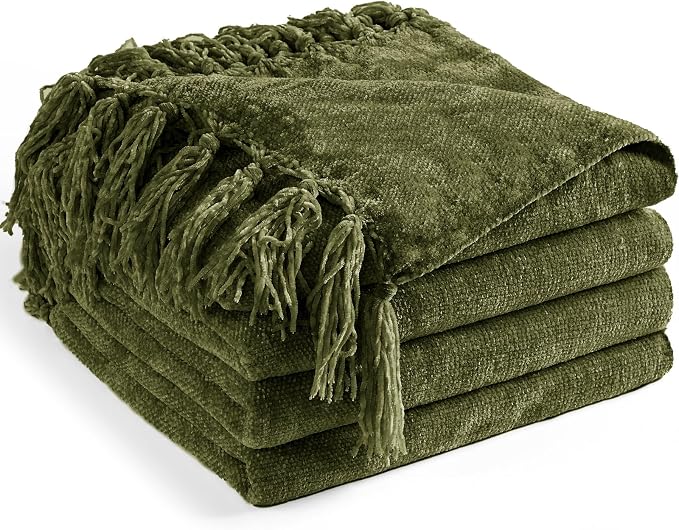 Chenille Throw Blanket for Couch 50" x 60", Olive Green | Soft Cozy Throws with Fringe Tassel, for Living Room Bed Sofa Chair Cover, Lightweight Knitted Boho Blankets Christmas Decor
