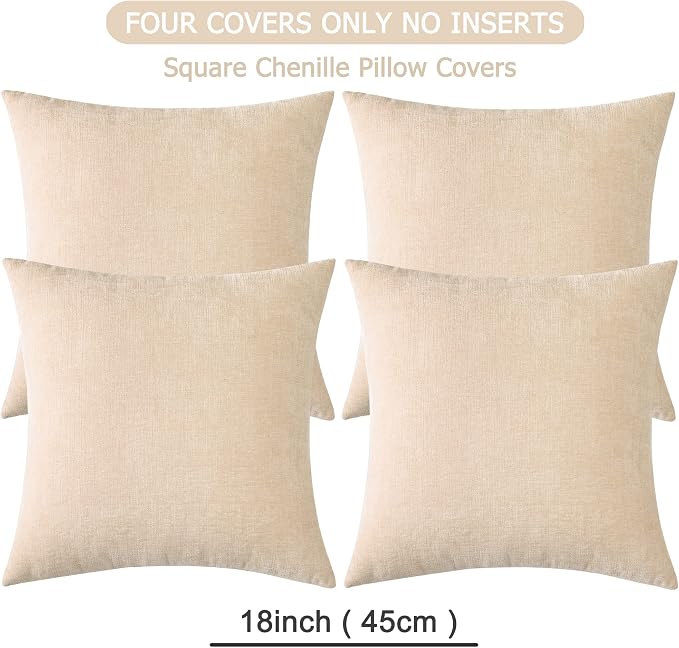 GAWAMAY Decorative Couch Throw Pillow Covers 18x18 Inch Set of 4 Beige | Soft Chenille Farmhouse Style, Hidden Zipper, Neutral Cushion Pillowcases for Sofa Living Room Bed, Only Covers