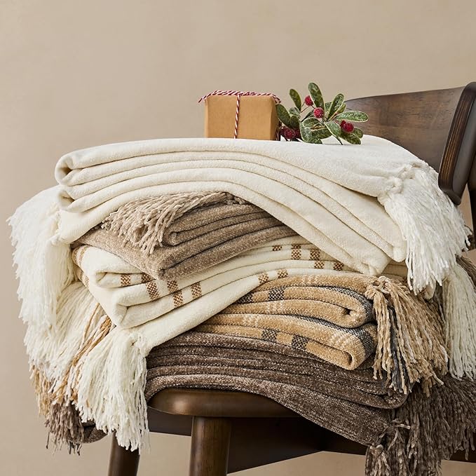 Chenille Knit Throw Blanket for Couch, 50"x60", Mocha Brown | Cozy Plush Fuzzy Knittd Throw with Tassels, Lightweight, Decorative, Farmhouse Decor, Ideal for Bed Sofa Gift, All Seasons
