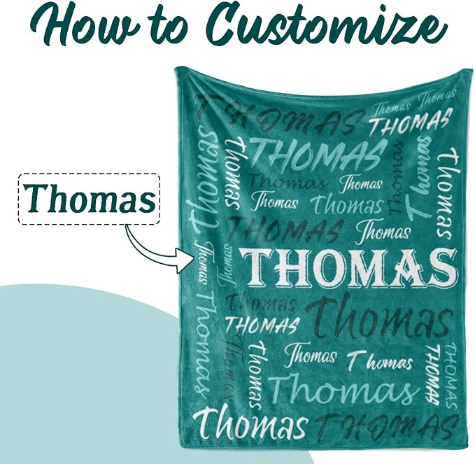 Personalized Custom Teal Theme Light Soft Flannel Fleece Throw Blanket with Name for Men, Women, Boys, Girls, Kids - Customized Name Gifts for Birthday, Christmas, Valentines Day