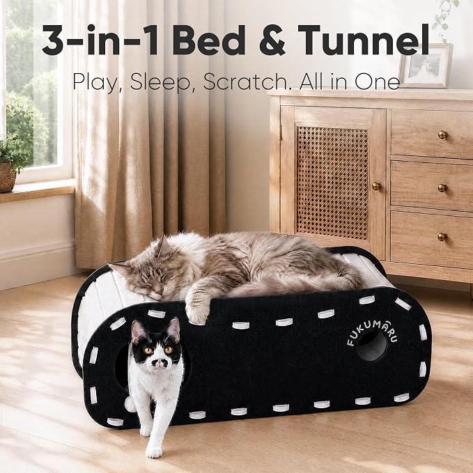 FUKUMARU Cat Bed Cave Tunnel, 31.5 Inch, Cat House Condo Indoor, Black | Extra Long Design, For Multiple & Large Cats, Felt Material, Fluffy Ball Included, Scratch Resistant