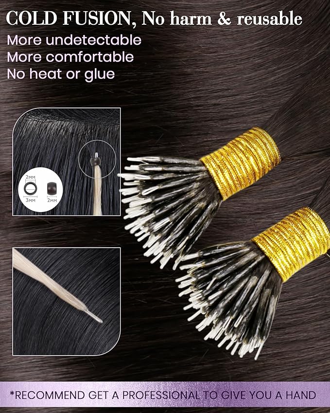 LaaVoo Nano Bead Hair Extensions Human Hair Darkest Brown Nano Hair Extensions Real Human Hair 24 inch 50g/50s