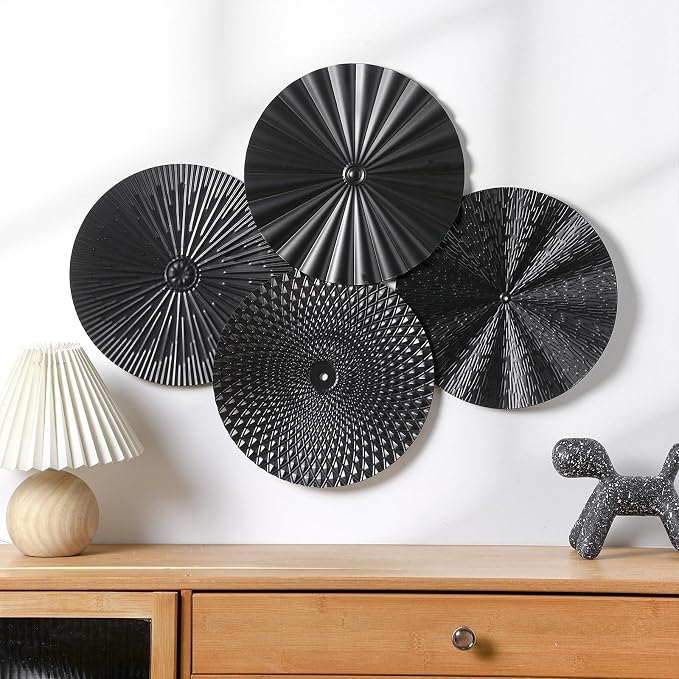 Hicarer 4 Pcs 12 Inch Black Metal Wall Art Decoration Modern Sunburst Hanging Artwork Decor Wall Decorations for Home Bedroom Bathroom Living Room Office Sculpture