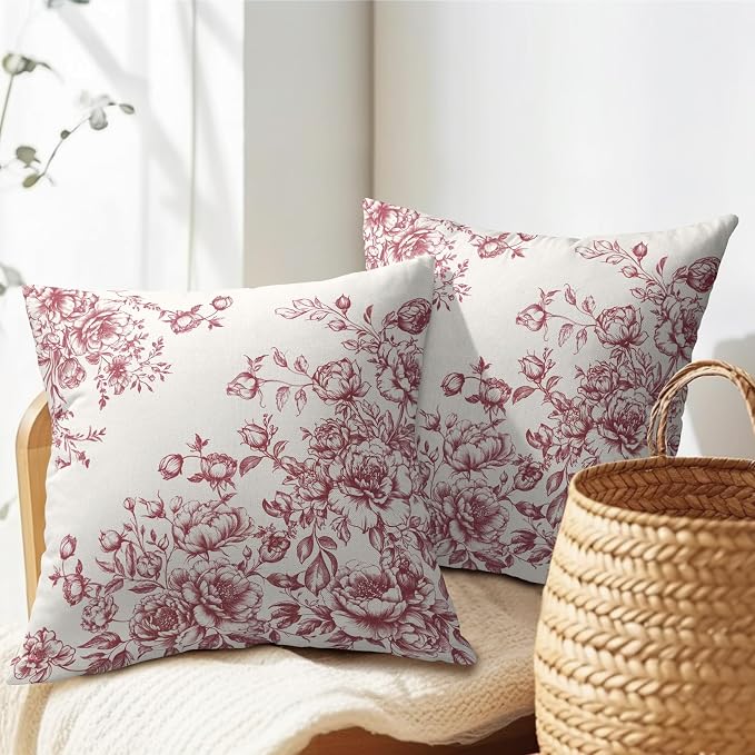 Kawani Rose Pink Chinoiserie Pillow Covers 16x16 Set of 2 Oriental Vintage Flower Leaves Pillowcase Cotton Linen Square Cushion Case for Couch Sofa Bedroom Living Room Outdoor Home Decor