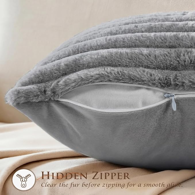 Pack of 2 Throw Pillow Covers 20x20 Decorative Solid Plush Faux Fur with Soft Velvet Back, Square Striped Cushion Cases Modern Farmhouse Home Decor for Living Room Couch Sofa Bed Dark Gray
