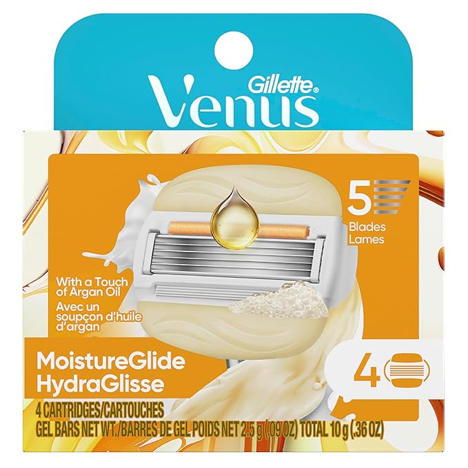 Venus MoistureGlide Women's Razor Blades, With Built-in Shave Gel Bars, 4 Razor Blade Refills