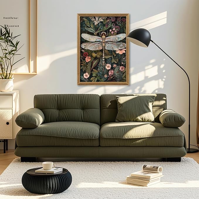 ICHZUMW Framed William Morris Vintage Dragonfly Canvas Wall Art 16x24 In | Dark Green Botanical Prints, Antique Aesthetic Wildflower Wall Decor for Bedroom Living Room Bathroom Office, Ready to Hang