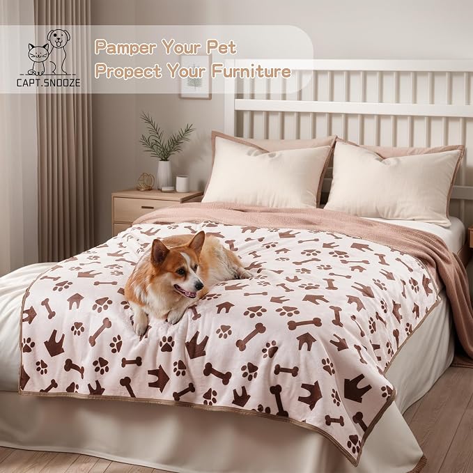 Washable Waterproof Dog Blankets for Large Dogs 50"x60" Beige | Soft Fluffy Pet Blanket for Couch Sofa Car Crate, Bed Furniture Protector, Reversible Sherpa Fleece Dog Blanket, Paw Pattern