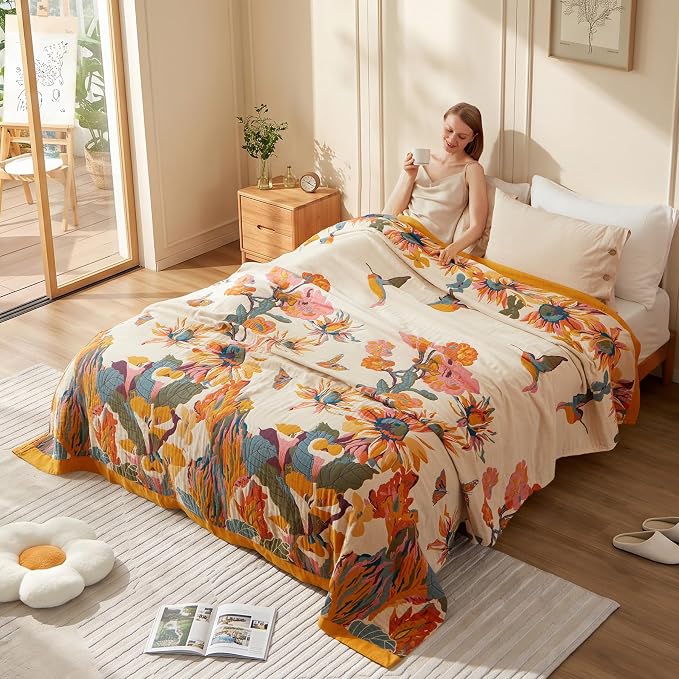 LUTBM Throw Blanket for Bed, 100% Cotton Boho Lightweight Quilt, Room Decor | Reversible 90"x98" Floral Butterfly Blankets, All-Season, For Chair Sofa Couch Room, Breathable Soft Bedspread for Summer