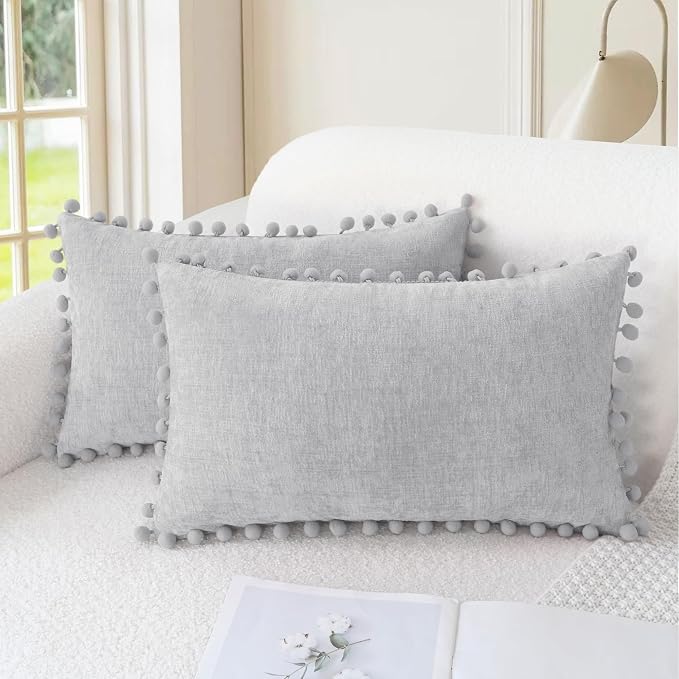 CaliTime Decorative Couch Throw Pillow Covers 20 X 12 Inches Moonbeam Gray | Pack of 2, Cozy Chenille Cushion Cases, with Pom Poms for Sofa Bed Living Room Farmhouse Home