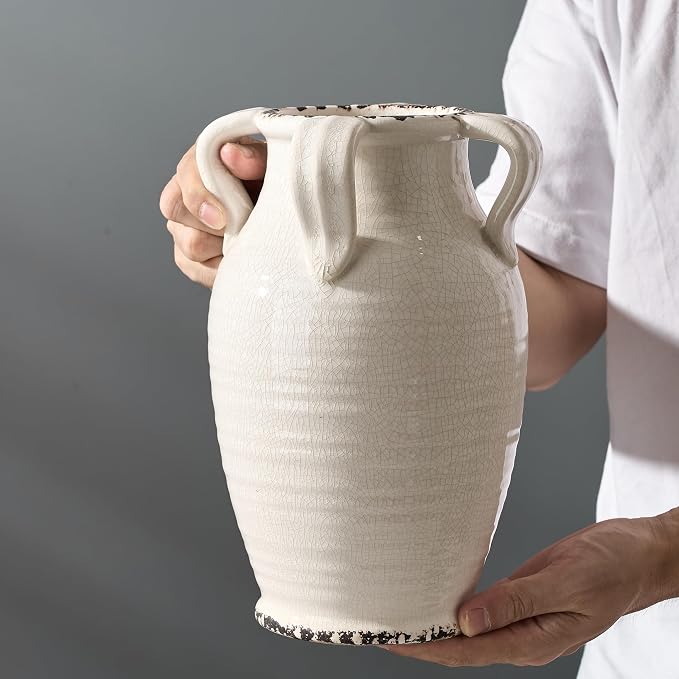 Vaseking White Ceramic Vase with 4 Handles, 10.16" Tall Retro Ice Cracked Flower Vase, Antique Vases for Modern Farmhouse Home Decor, Wedding, Living Room, Table, Shelf Decor, Cracked White