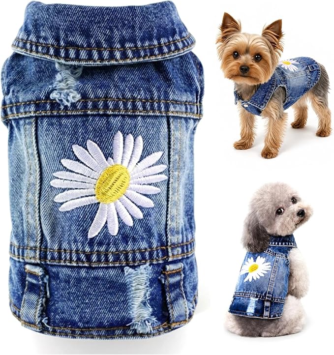 Dog Denim Jacket with Daisy Embroidery for Small Dogs, S, Chest 11-12 in | Ripped vintage jean vest for puppies, Chihuahuas and Pugs, cotton-blend outfits for spring summer fall festival and daily