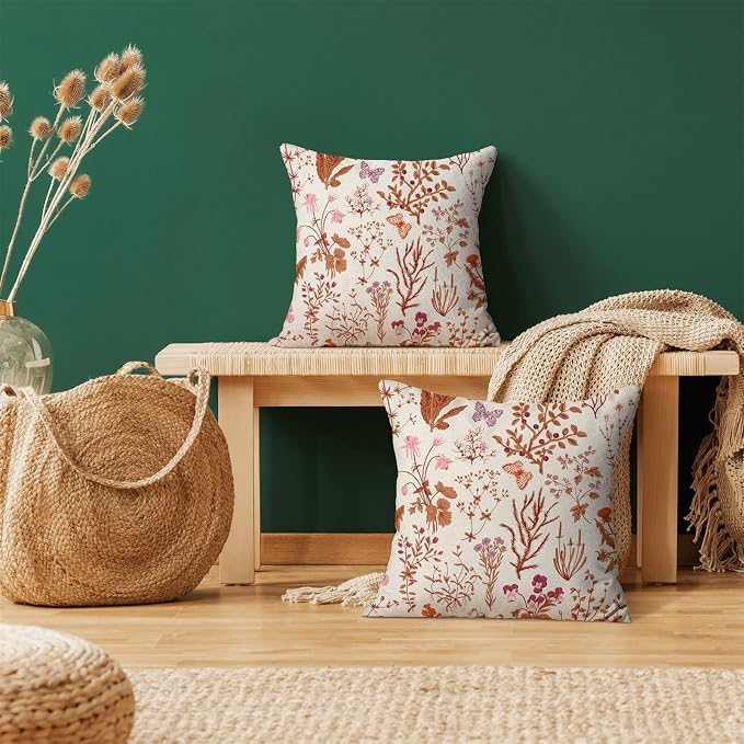 AEIOAE Fall Pillow Covers 18x18 Inch Set of 2,Burnt Orange Wild Flower Plant Throw Pillows Case,Autumn Colored Floral Outdoor Decorative Linen Farmhouse Decor Cushion Covers for Home Sofa Bed Couch