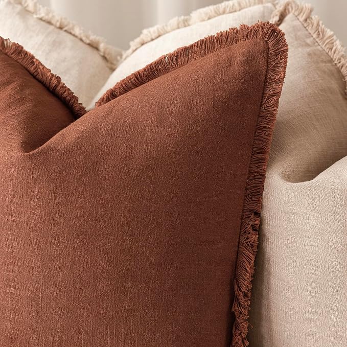 Foindtower Set of 2 Decorative Linen Fringe Throw Pillow Covers Farmhouse Cushion Cover with Tassels Soft Accent Pillowcase for Couch Chair Sofa Bed Living Room Home Decor,16×16 Inch,Fall Rust Orange