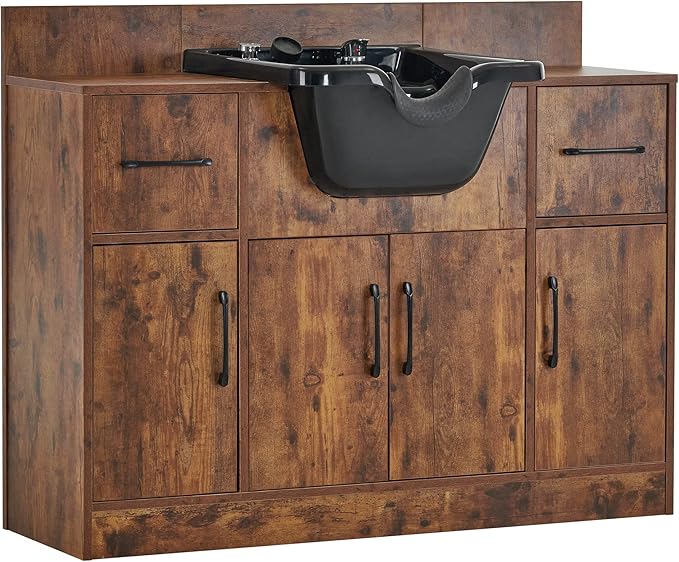 BarberPub Multi-Functional Shampoo Backwash Sink Station, Beauty Salon Cabinet with Faucet Sprayer, Barber Shop Storage Equipment 45.3" x 14.1'' x 36.4" 7139 (Rust Brown)