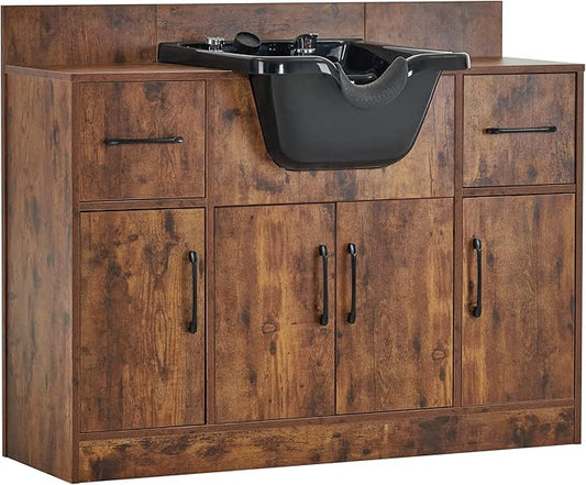 BarberPub Multi-Functional Shampoo Backwash Sink Station, Beauty Salon Cabinet with Faucet Sprayer, Barber Shop Storage Equipment 45.3" x 14.1'' x 36.4" 7139 (Rust Brown)