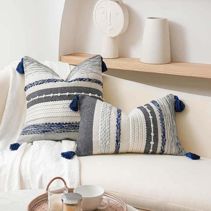 Navy Dark Blue Decorative Throw Pillow Cover 18x18 Square Boho Accent Pillowcase Tassels Farmhouse Cushion for Couch Sofa Bedroom Living Room Home Décor Cover ONLY