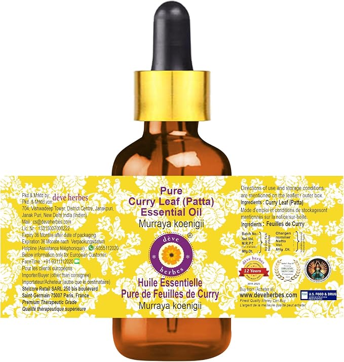 Deve Herbes Pure Curry Leaf (Patta) Essential Oil (Murraya koenigii) with Glass Dropper Steam Distilled 10ml (0.33 oz)