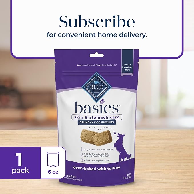 Blue Buffalo Basics Turkey Skin & Stomach Care Dog Biscuits, 6 oz | Real Turkey #1 Ingredient, Limited Ingredient Diet, Antioxidant-Rich LifeSource Bits, Crunchy Treat for All Breed Sizes