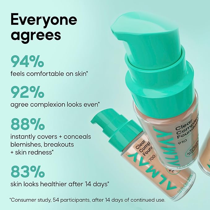 Almay Clear Complexion Foundation, Oil-Free Face Makeup for Acne-Prone Skin, Buildable Coverage, Soft-Matte Finish, Vegan, 100, 1 fl oz