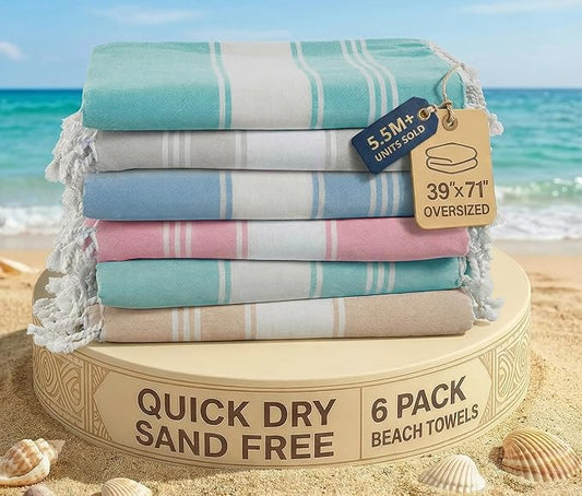 LANE LINEN Turkish Beach Towels for Women, Set of 6 - Large 39"x71", Pre-Washed, No-Shrink, Sand-Free, Quick Dry, Lightweight, Soft Beach Bath Towels - Vintage Beach
