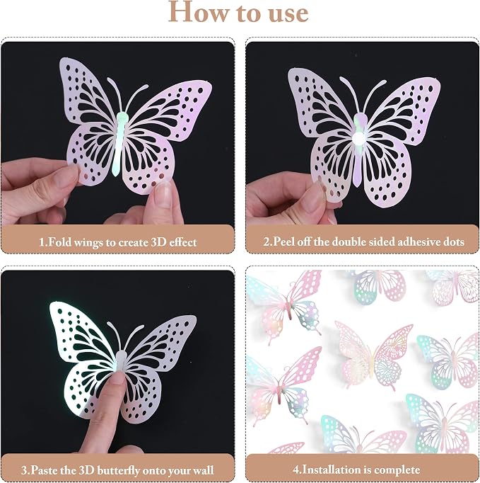 SAOROPEB 3D Butterfly Wall Decor 48 Pcs Laser Pink Butterfly Decorations | 4 Styles 3 Sizes, Birthday Decorations Butterfly Party Decorations Cake Decorations, Removable Stickers