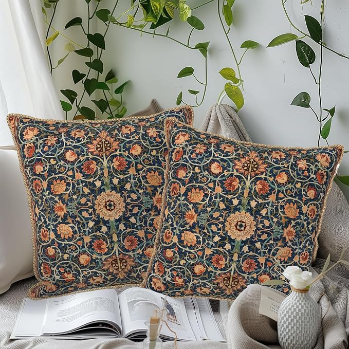 KSLIDS Vintage Floral Soft Velvet Pillow Covers 20x20 Inch Set of 2 | Burnt Orange Navy Flowers Plant Decorative Throw Pillow Covers Pillow Case For Sofa Couch Living Room Home Decor