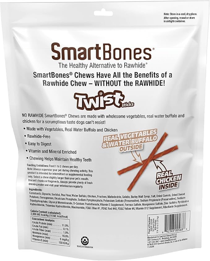 SmartBones Twist Sticks Rawhide-Free Dog Treats, Water Buffalo, 50 Count | With Real Water Buffalo & Chicken, Easy To Digest Chew, Vitamin & Mineral Enriched, Supports Dental Health, For Adult Dogs