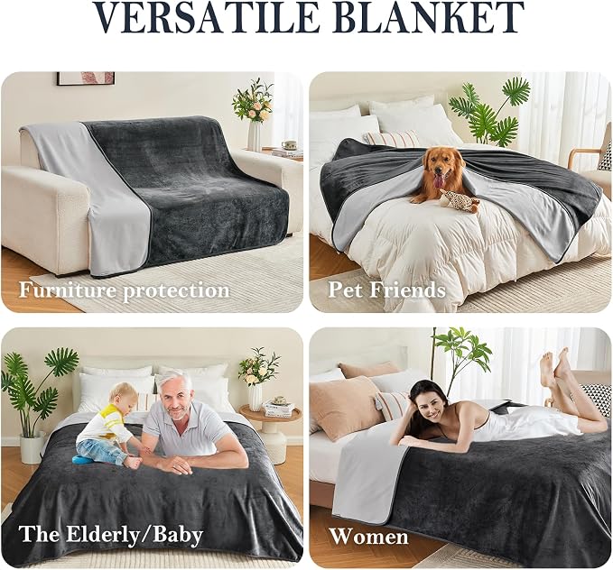 Waterproof Blanket Bed Cover 60"x80" for Adults or Pets, Dark Grey | Soft Pet Blanket for Dogs Cats, Reversible Leakproof Blanket for Bed Couch Sofa, Furniture Protector