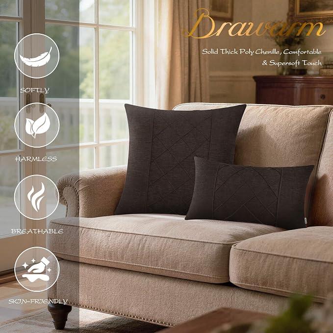 BRAWARM Chenille Throw Pillow Covers 22x22 Inches, Coffee, 2 Pack | Decorative Pleated Pillow Covers, Soft Cushion Cases for Sofa Bed Living Room Home Farmhouse (No Insert)