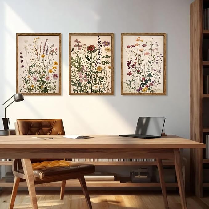 WRFON Botanical and Flower Canvas Wall Art, Framed Wildflower Wall Art Set of 3, Vintage Meadow Flower Canvas Prints, Cottagecore Floral Decor for Living Room Bedroom Bathroom Farmhouse Home, 16x24