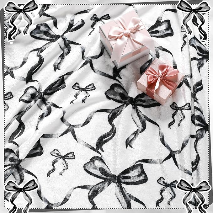Black Bow Throw Blanket 50"x60" Soft Flannel for Girls Women | Coquette Aesthetic Decor with Ruffled Edges, Ultra Plush Bed Sofa Blanket, Preppy Gift for Teens, Back to School Dorm Room