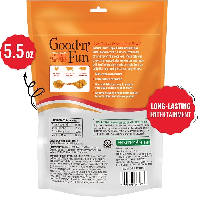 GOOD 'N' FUN Double Pops Long-Lasting Dog Treat with Real Protein, 5.5 oz | Premium Pork and Beef Hide Chew Wrapped with Real Chicken, Supports Dental Health and Mental Stimulation, For Adult Dogs