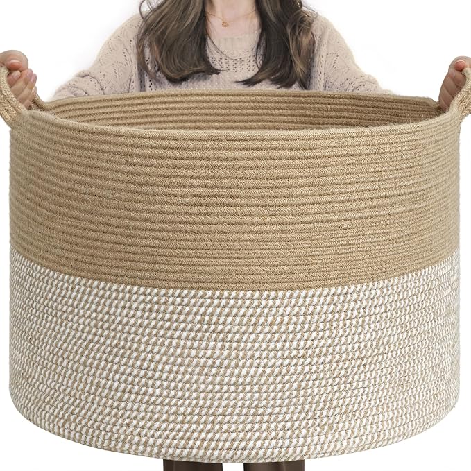 INDRESSME XXXLarge Woven Wicker Blanket Basket Living Room White Jute, 90L | Wicker baskets for organizing shoe, dog toys & pillows. For living room bedroom or nursery decor. soft-touch with handles