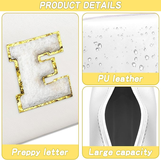 URSKYTOUS Gifts for Girls Initial Makeup Bag Personalized Cosmetic Bag with Zipper Cute Travel Toiletry Bags Waterproof PU Preppy Makeup Pouch Birthday Gift for Teen Girls Women(White E)