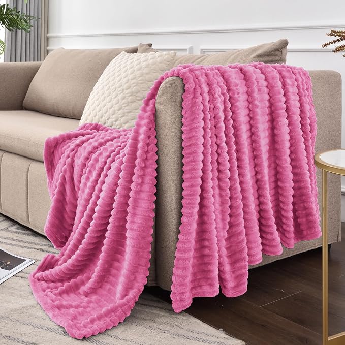 BEDELITE Ribbed Jacquard Hot Pink Fleece Twin Blanket for Bed, 60x80 Inch | Soft Warm Decorative Fluffy Blanket, Cozy Plush Lightweight Fuzzy Throw Blanket for Couch Sofa Room Decor, Gift for Women