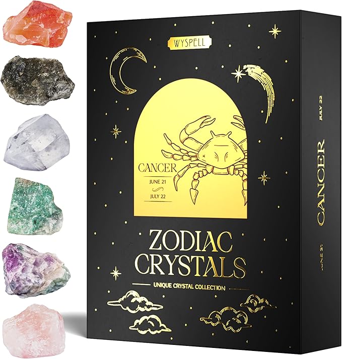 Wyspell Cancer Crystal Set - 6 Raw Cancer Crystals and Healing Stones - Cancer Zodiac Gifts for Women - Cancer Healing Gifts - Birthday Gifts for Women - Astrology Gifts for Women - Zodiac Crystal Set