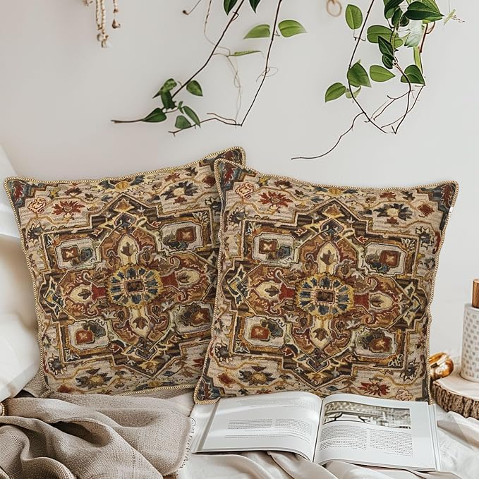 KSLIDS Boho Brown Soft Velvet Throw Pillow Covers Set of 2 Vintage Bohemian Rug Carpet Decorative Pillow Covers 20x20 Inch Antique Ethnic Pillow Case for Sofa Couch Living Room Home Decor