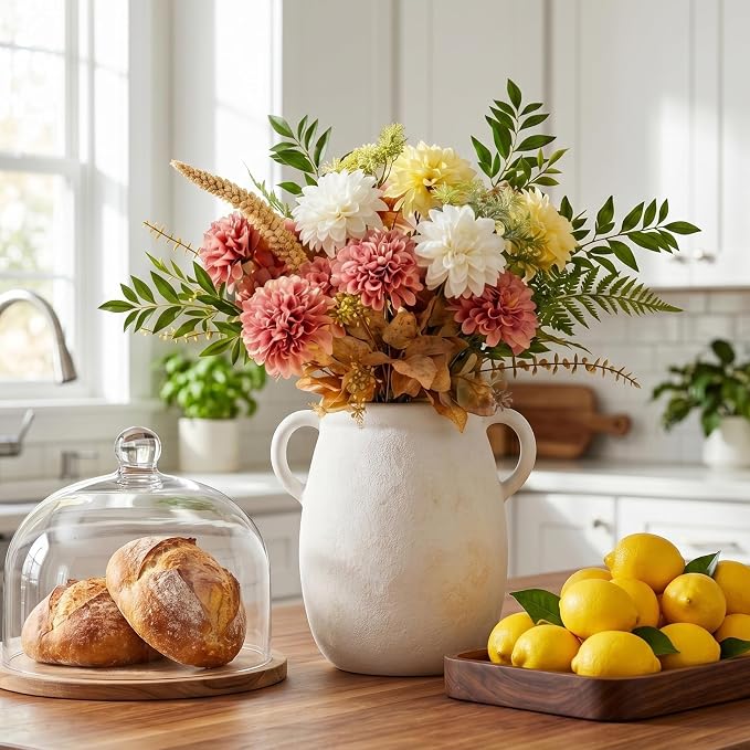 Ceramic Flower Vase with Handle, 7.9in Waterproof Farmhouse Table Rustic Vases, Large Flower Terracotta Pottery Vases for Home Decor, Living Room,Table, Handcrafted (Antique)