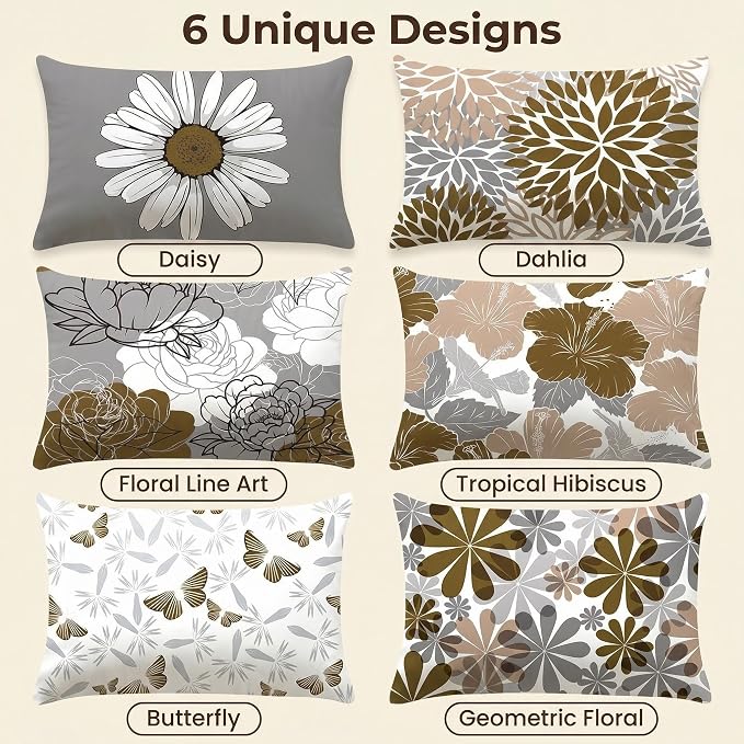 COMMINY Brown Grey Lumbar Pillow Covers 12x20 Set 6 Linen Throw Cover | Daisy Dhalia Pattern, Lumbar Pillow Size, Breathable Linen, Bed Bench Office Chair, Neutral farmhouse decor