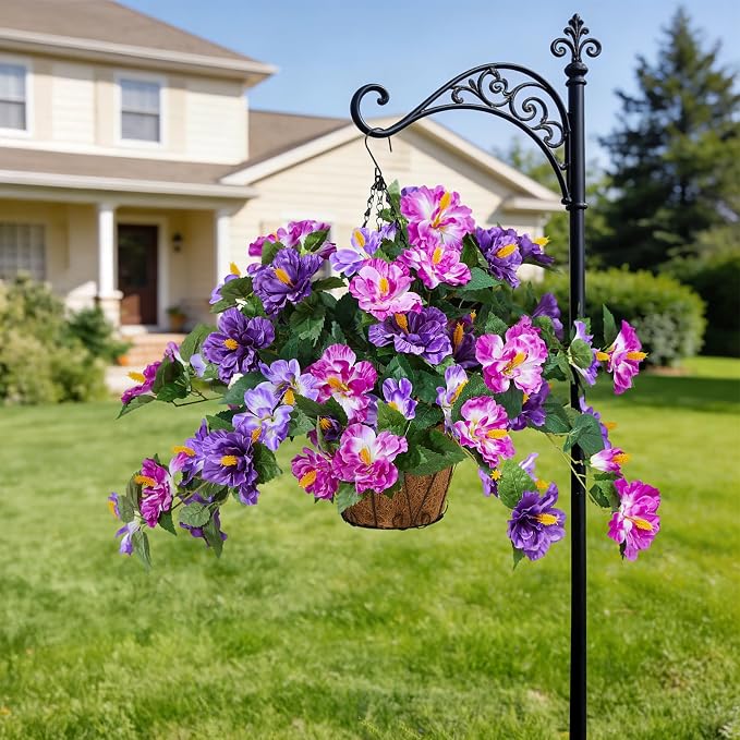 INXUGAO Artificial Flowers for Outdoors Indoors,2 Big Bunches Fake Hibiscus with Realistic UV Resistant Silk Flower Fabric Leaves,Faux Plants Outside for Patio Garden Yard Poch Decor (Purple,Fuchsia)