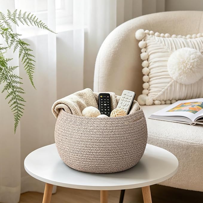 Goodpick Round Woven Rope Storage Basket for Shelves, 10" x 8.3", Jute | Small Baby Basket with Handles, Decorative Gift Basket, Fits Living Room Nursery Toys & Towels Storage, Plant Baskets Indoor