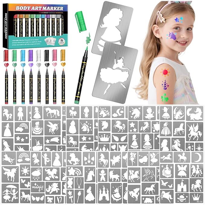 Unicorn Temporary Tattoo Markers for Skin, 8 Metal Body Markers + 169 Large Princess Rainbow Tattoo Stencils for Kids Adults, Cosmetic-Grade Tattoo Ink, DIY Body Art Party Favors for Women Men